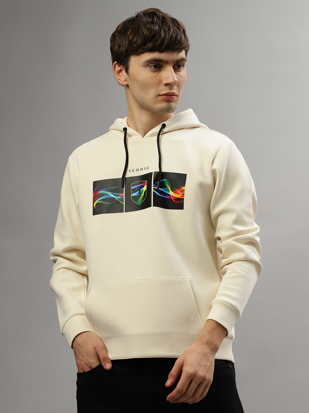Iconic Men Printed Full Sleeves Hooded Sweatshirt