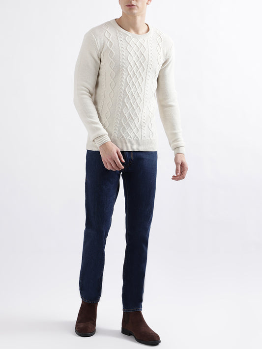 Iconic Men White Solid Full Sleeves Round Neck Sweater