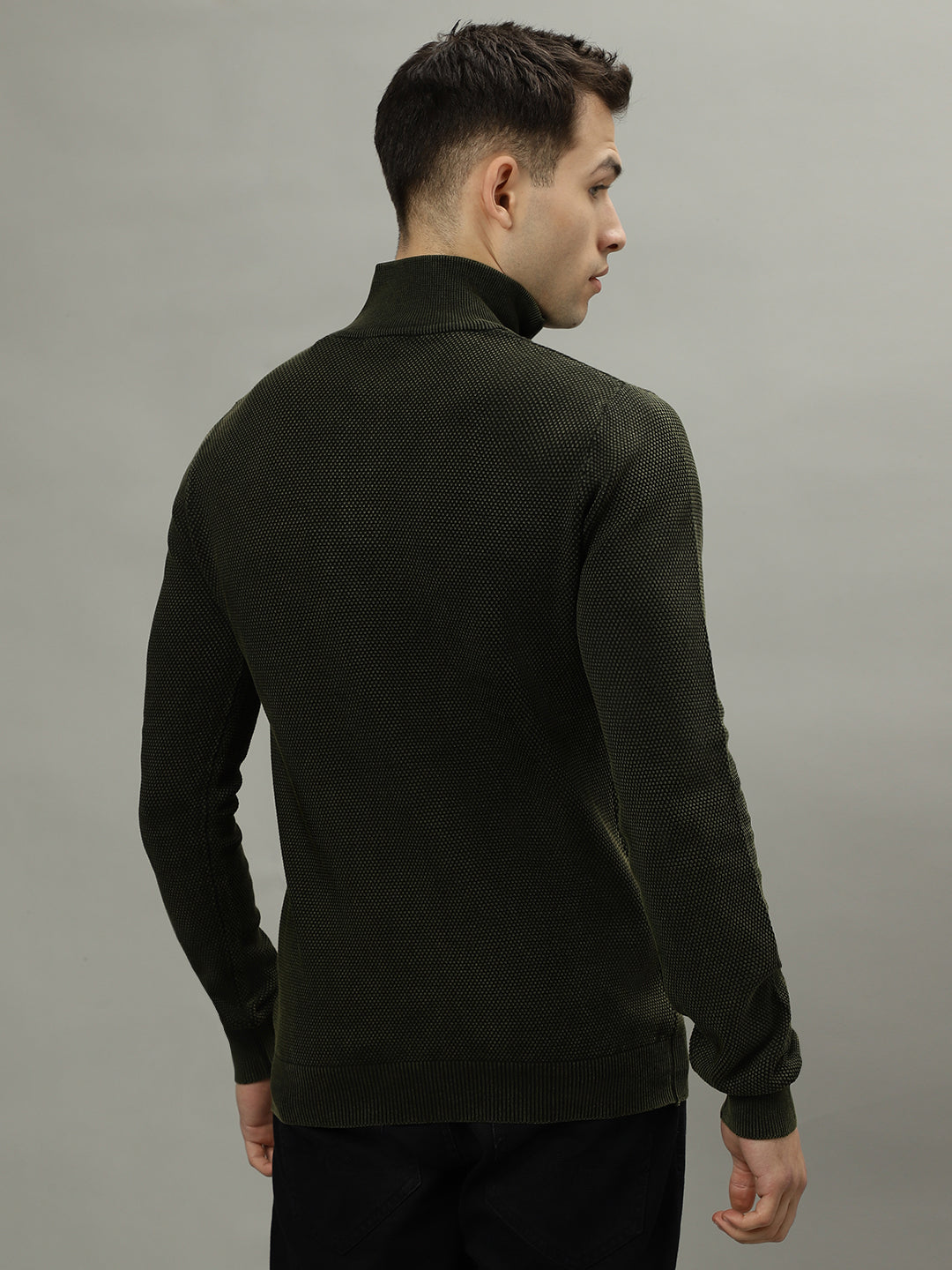 Shop Iconic Men Solid Stand Collar Long Sleeves Half Zipper