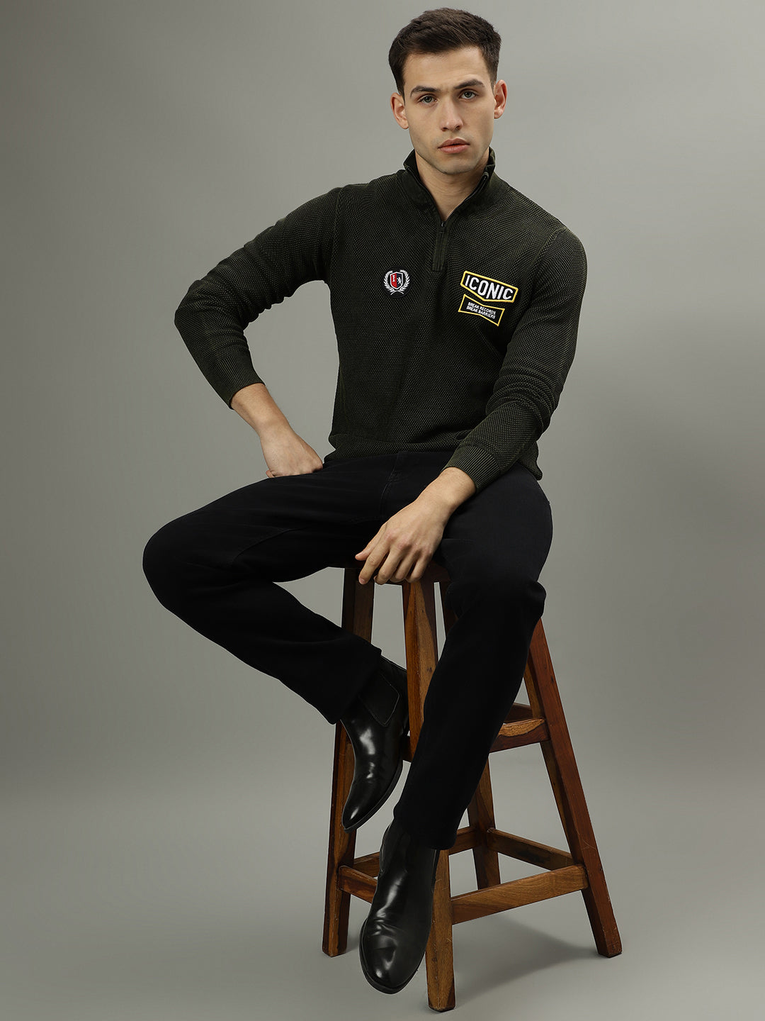 Shop Iconic Men Solid Stand Collar Long Sleeves Half Zipper