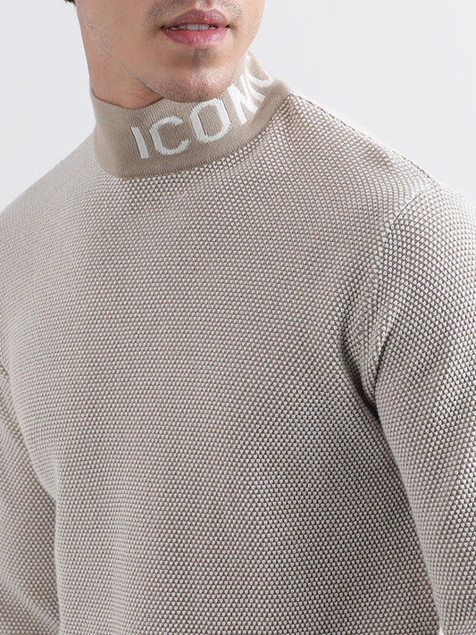 Iconic Men Beige Solid High Neck Sweater