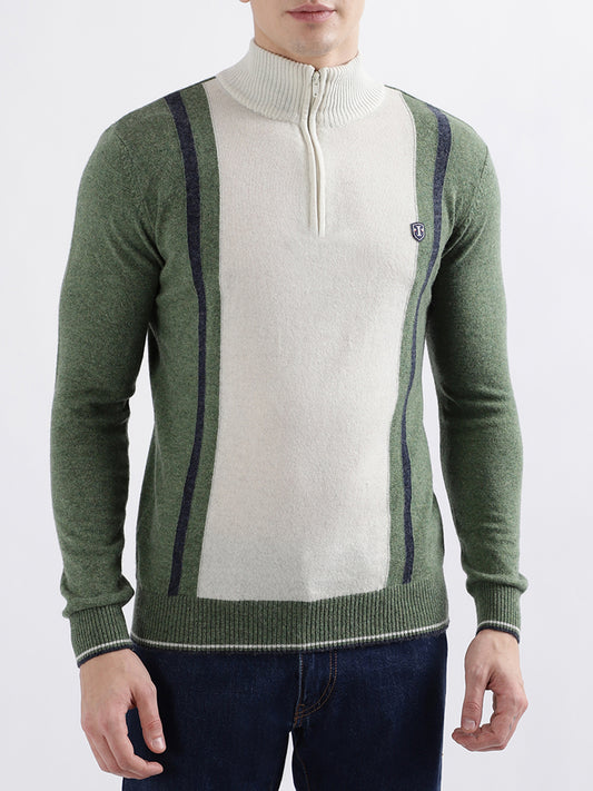 Iconic Men Green Colour blocked Full Sleeves Turtle Neck Sweater