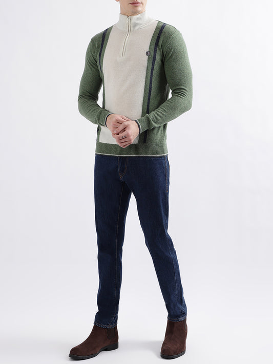 Iconic Men Green Colour blocked Full Sleeves Turtle Neck Sweater