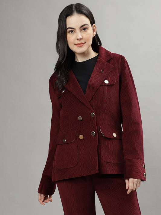 Iconic Women Wine Double-Breasted Notched Lapel Long Sleeves Blazer