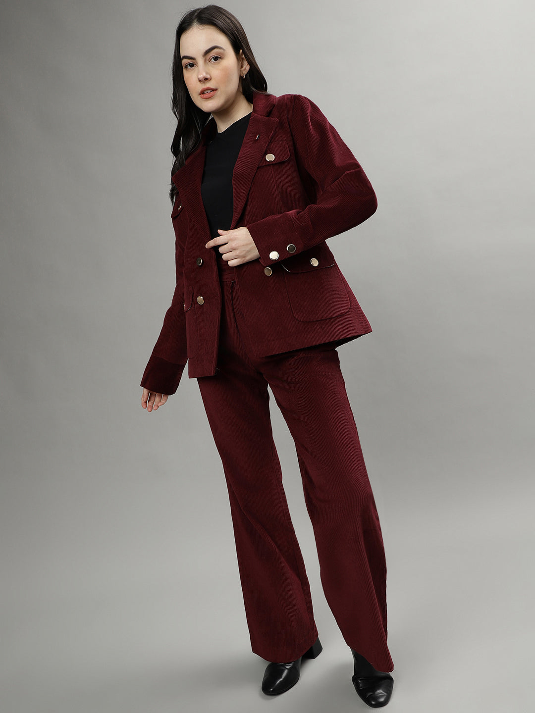 Iconic Women Wine Double-Breasted Notched Lapel Long Sleeves Blazer