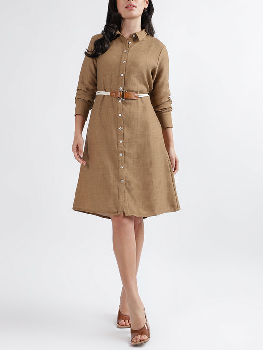 Iconic Women Solid Collar Full Sleeves Dress
