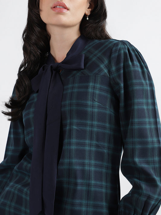 Iconic Women Checked Tie-Up Full Sleeves Dress