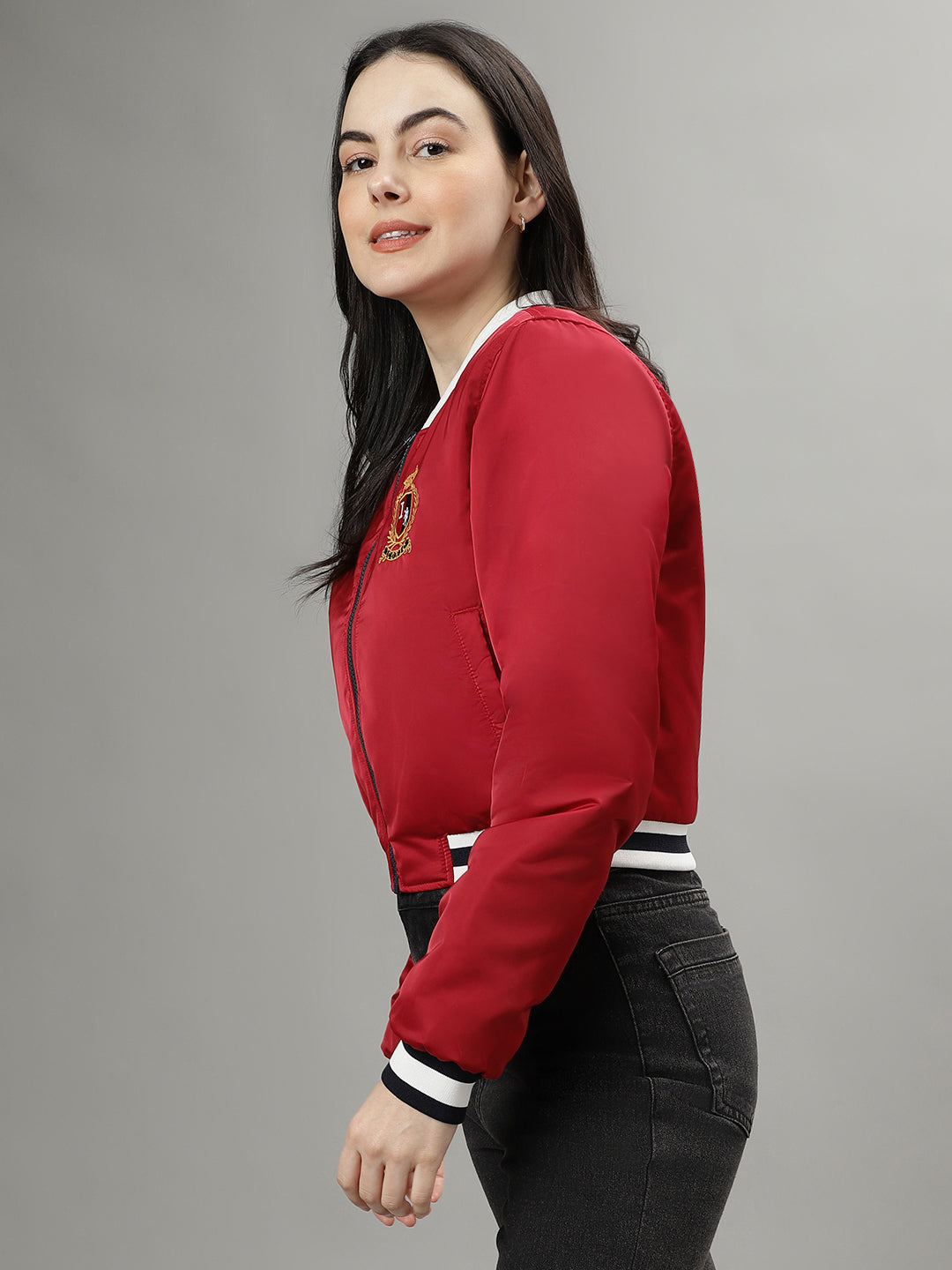 Shop Iconic Women Red Solid Stand Collar Long Sleeves Bomber