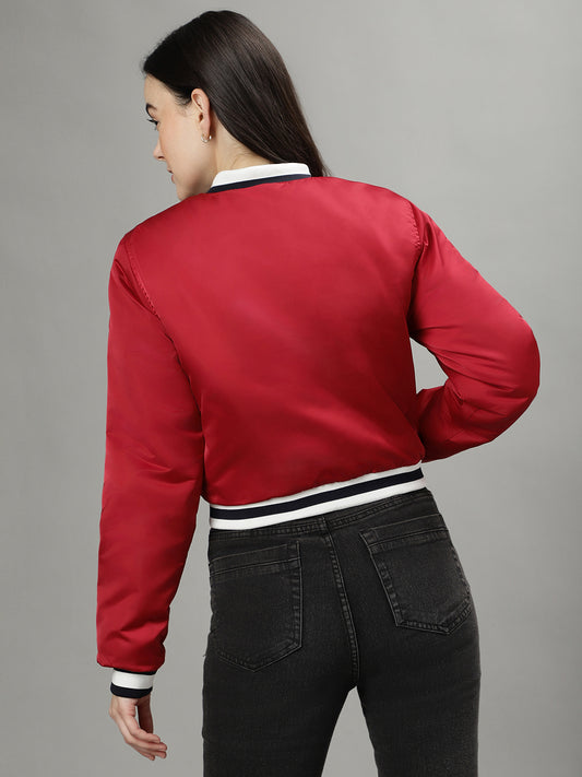Iconic Women Red Solid Stand Collar Long Sleeves Bomber Jacket