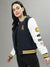 Iconic Women Navy Blue Colourblocked Stand Collar Long Sleeves Bomber Jacket
