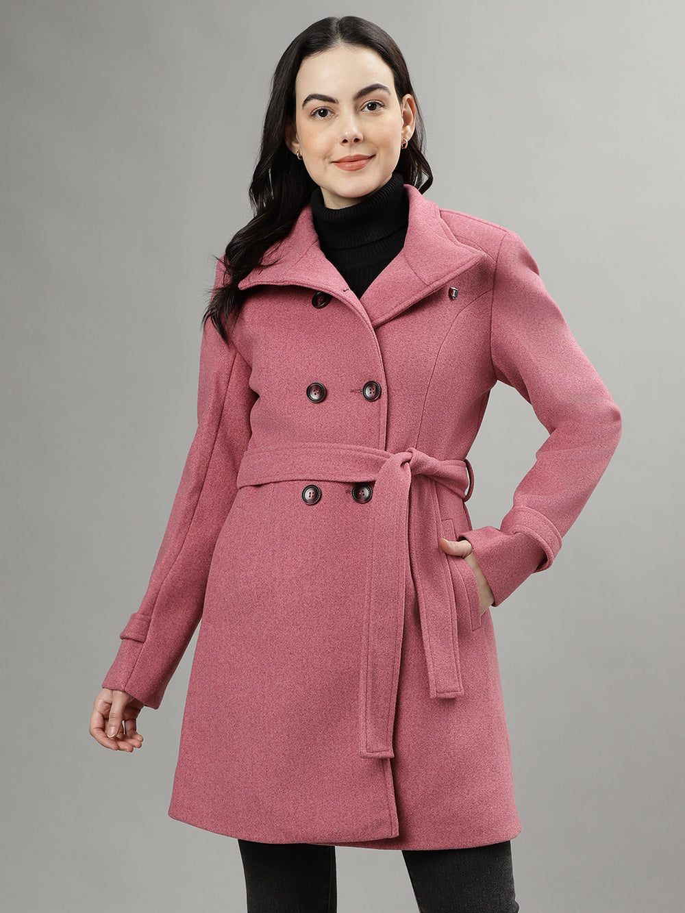 Shop Iconic Women Pink Solid Spread Collar Long Sleeves Overcoat Online ...
