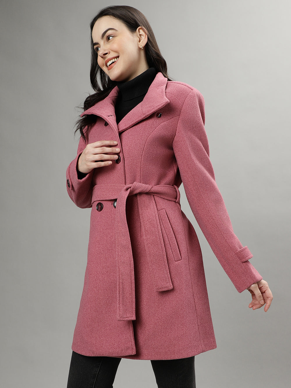 Shop Iconic Women Pink Solid Spread Collar Long Sleeves Overcoat Online ...