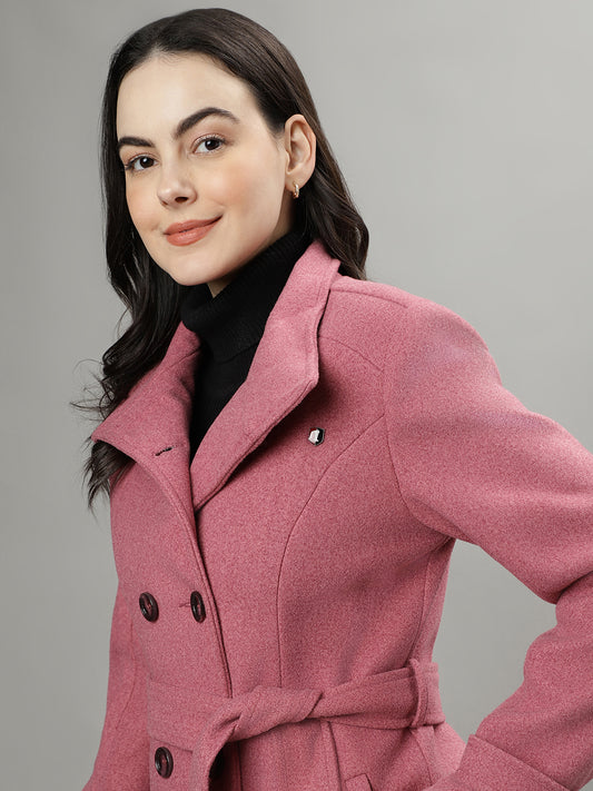 Iconic Women Pink Solid Spread Collar Long Sleeves Overcoat
