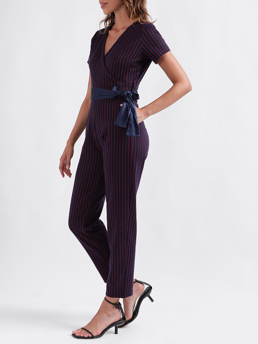 Iconic Women Striped Short Sleeves V Neck Jumpsuit