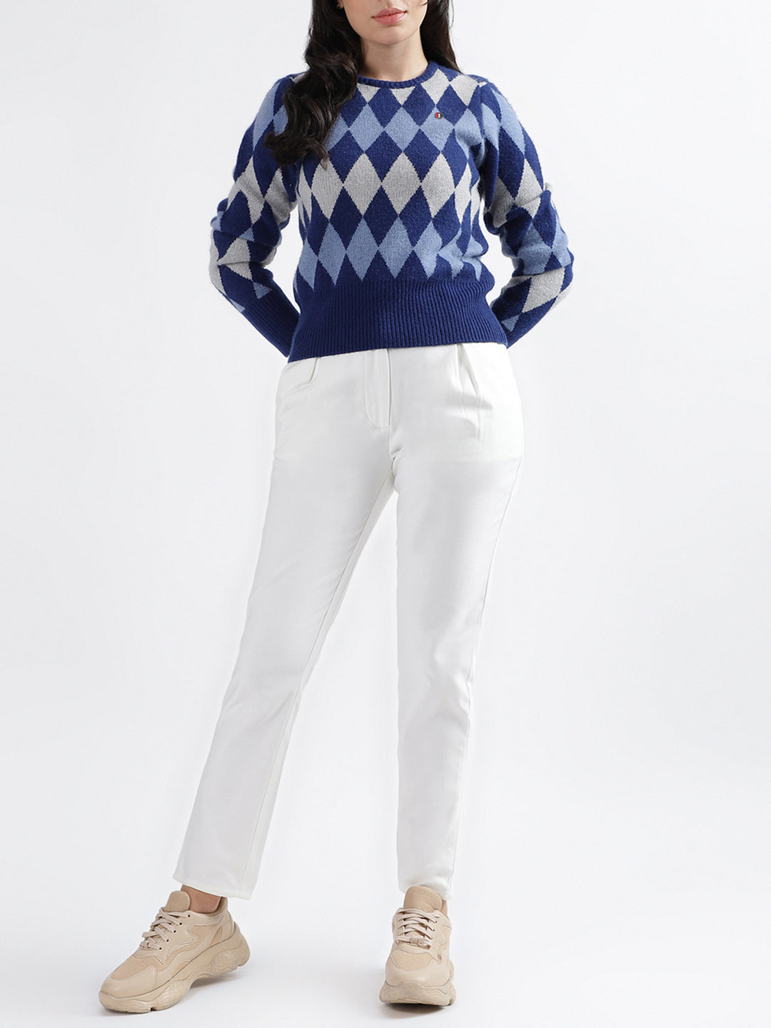 Iconic Women Printed Round Neck Full Sleeves Sweater