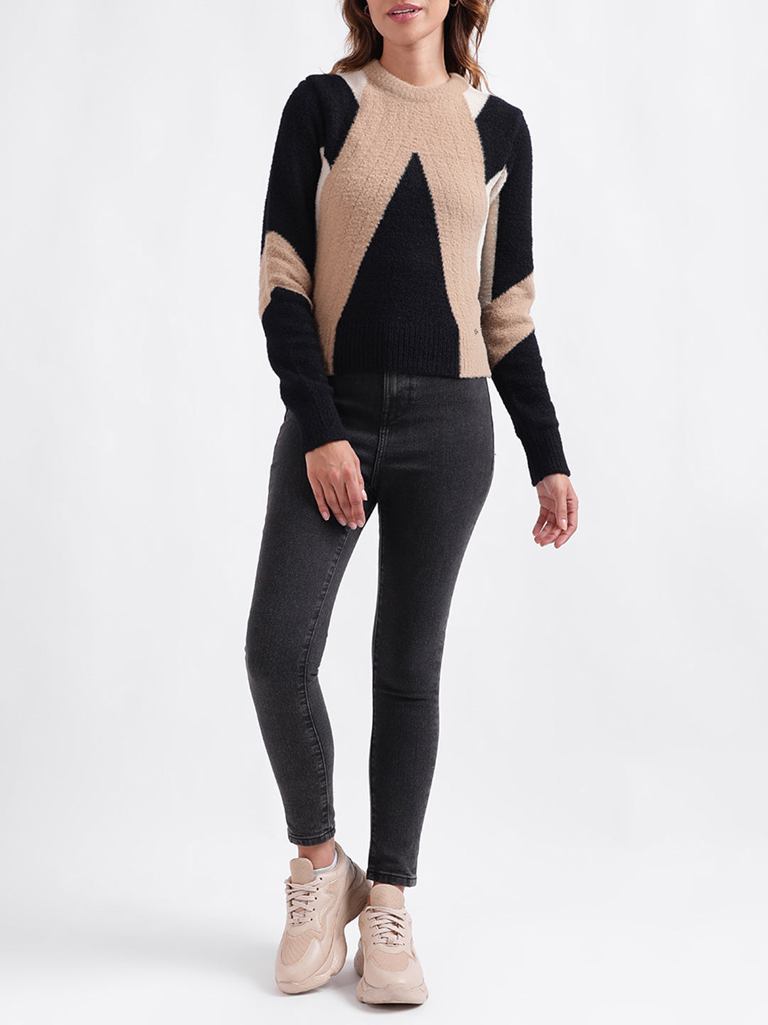 Iconic Women Colour blocked Full Sleeves Round Neck Sweater