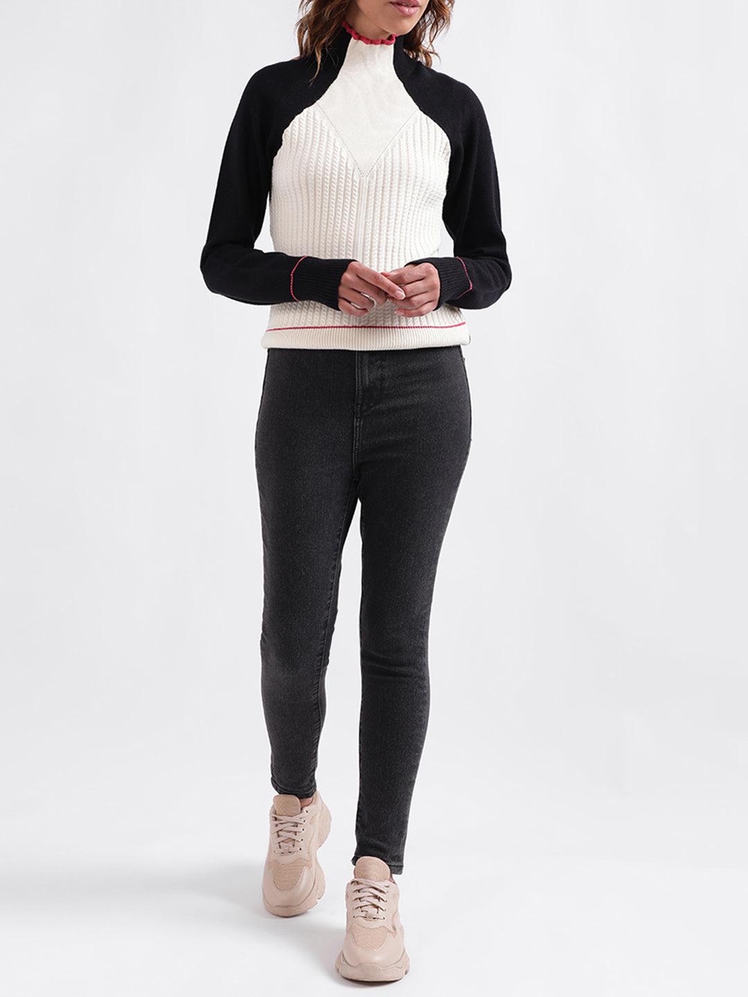 Iconic Women Colour blocked Full Sleeves High Neck Sweater