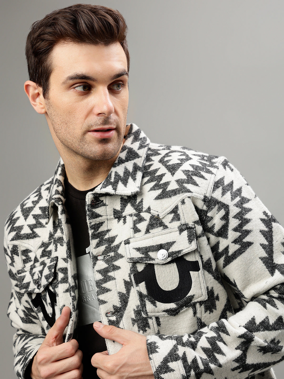 True Religion Men Printed Spread Collar Full Sleeves Jacket