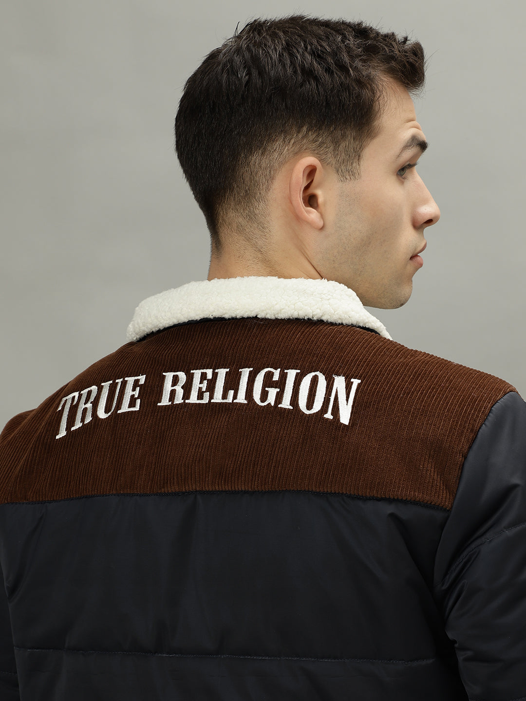 True Religion Navy Blue Men Solid Spread Collar Long Sleeves Puffer Jacket