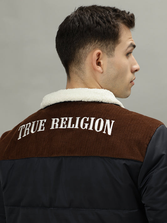 True Religion Navy Blue Men Solid Spread Collar Long Sleeves Puffer Jacket