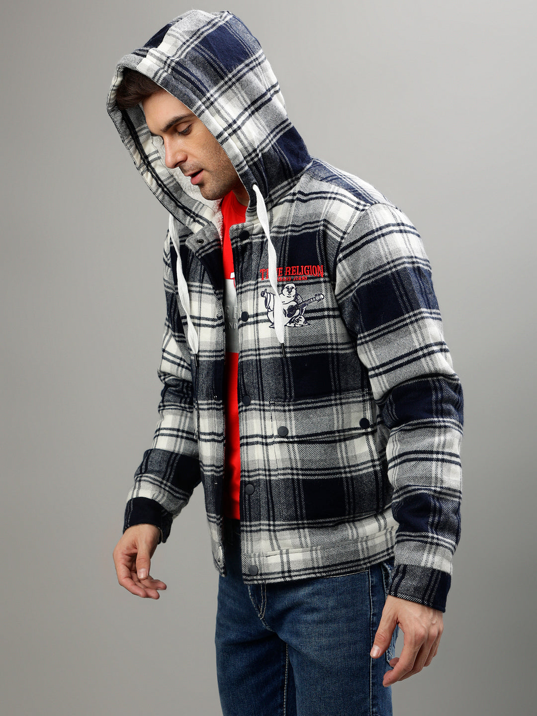 True Religion Men Checked Hooded Full Sleeves Jacket