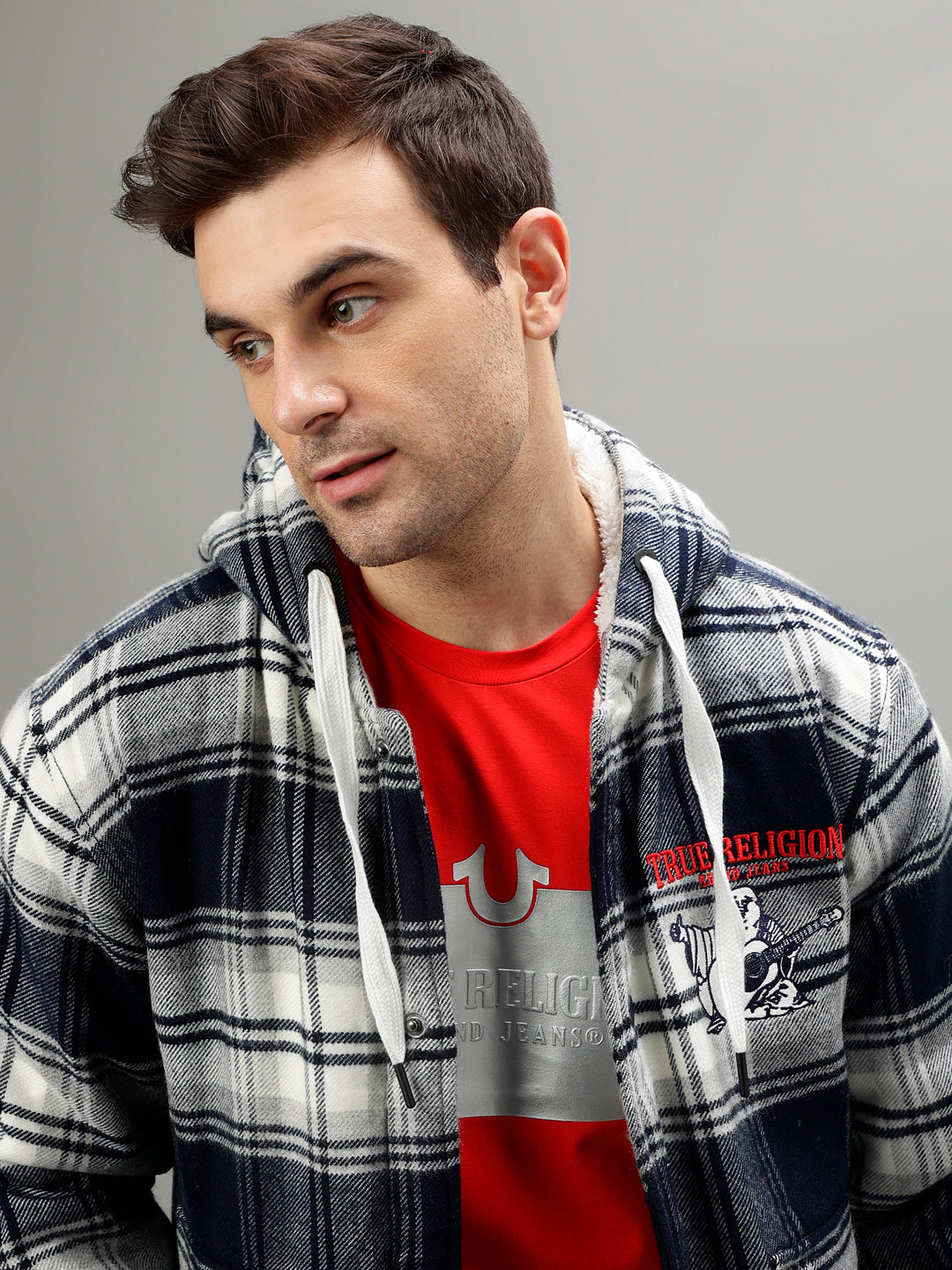 True Religion Men Checked Hooded Full Sleeves Jacket