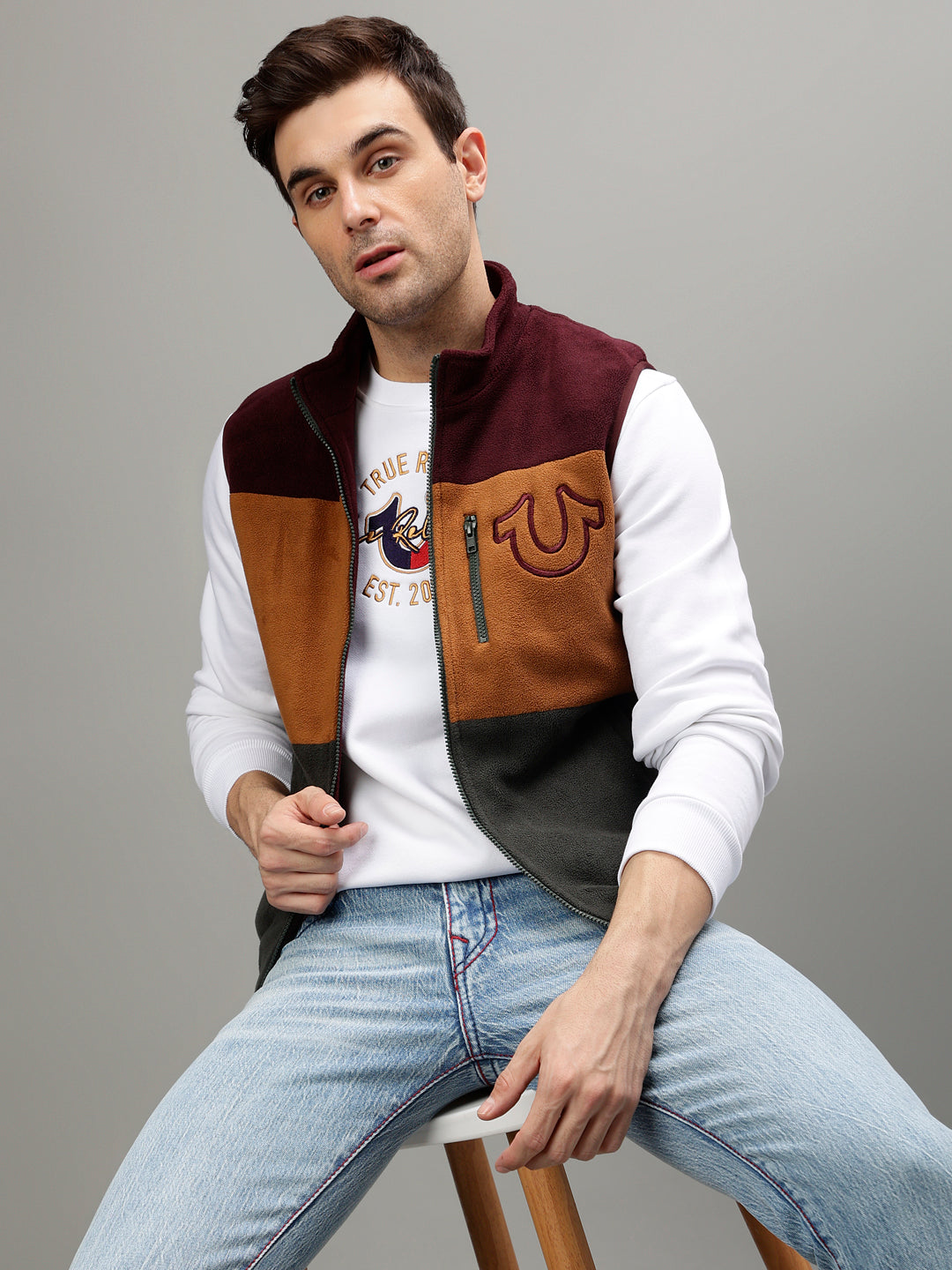 True Religion Men Colour blocked Stand Collar Sleeveless Jacket