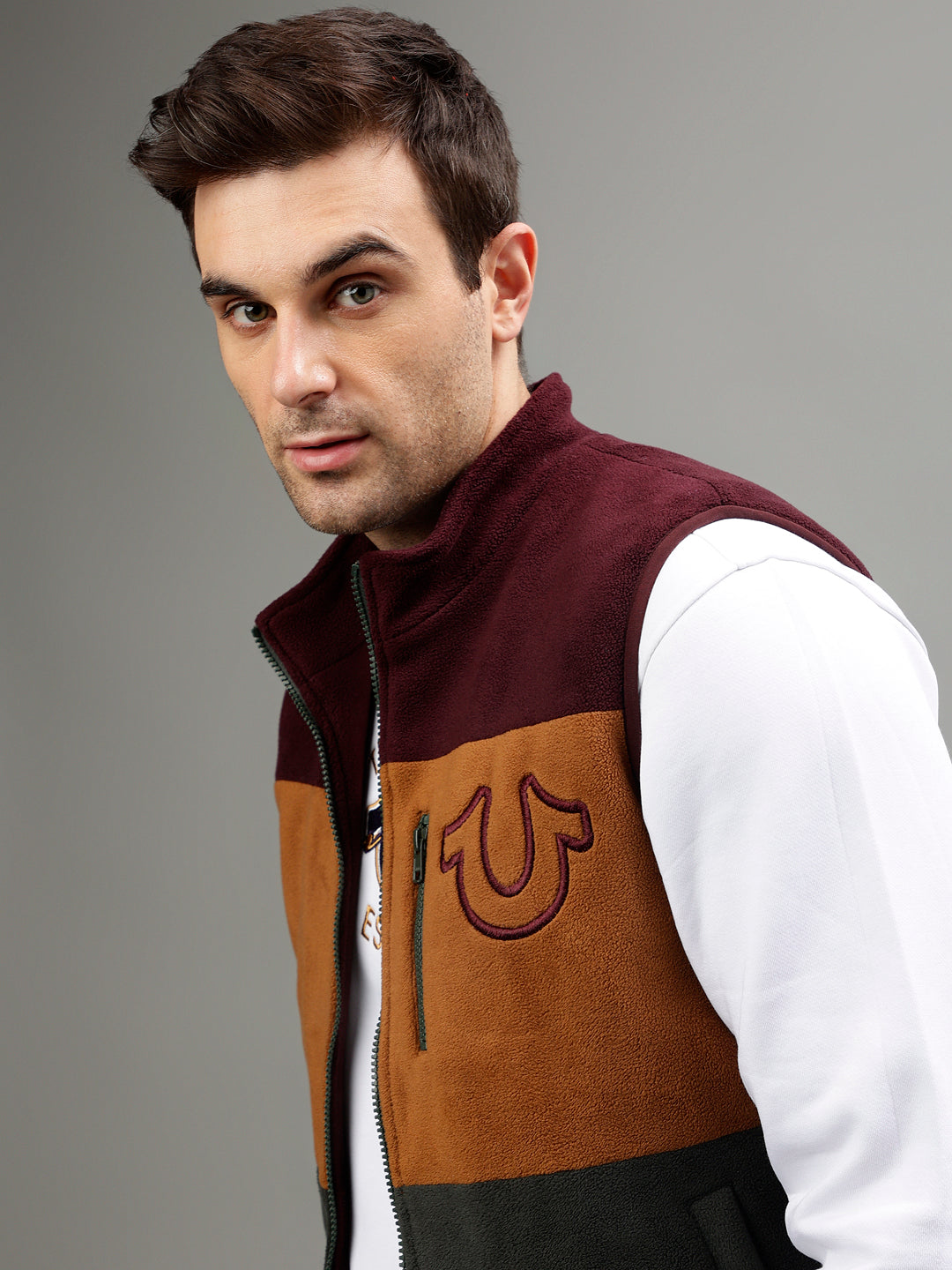 True Religion Men Colour blocked Stand Collar Sleeveless Jacket