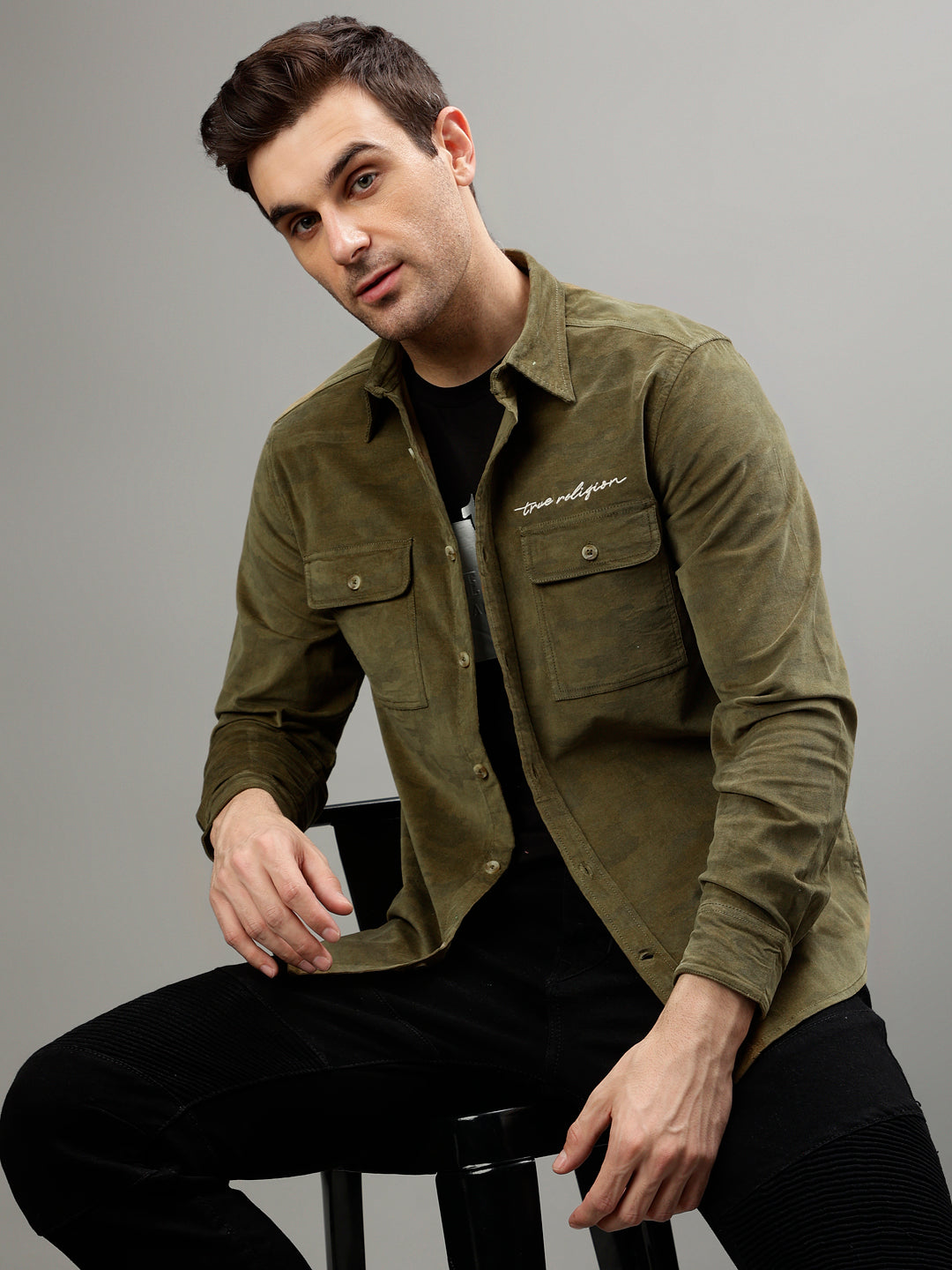 True Religion Olive Fashion Printed Regular Fit Shirt