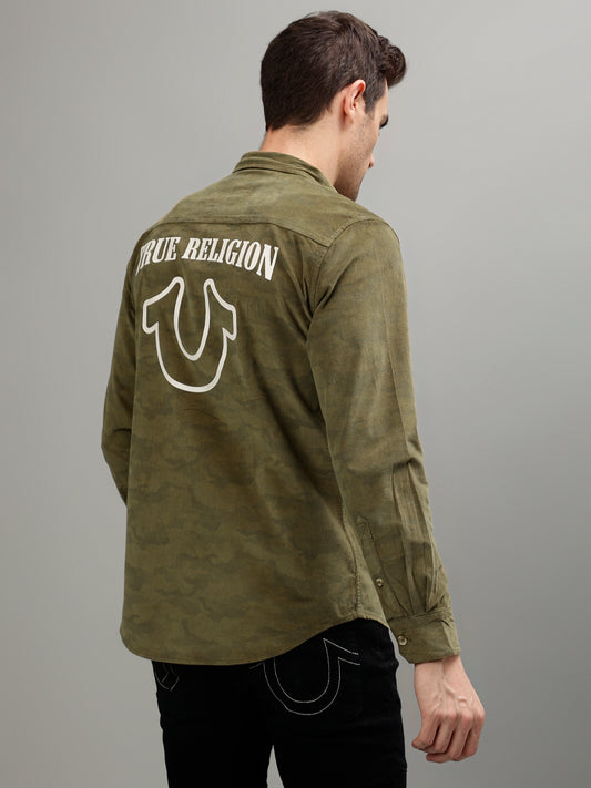 True Religion Olive Fashion Printed Regular Fit Shirt