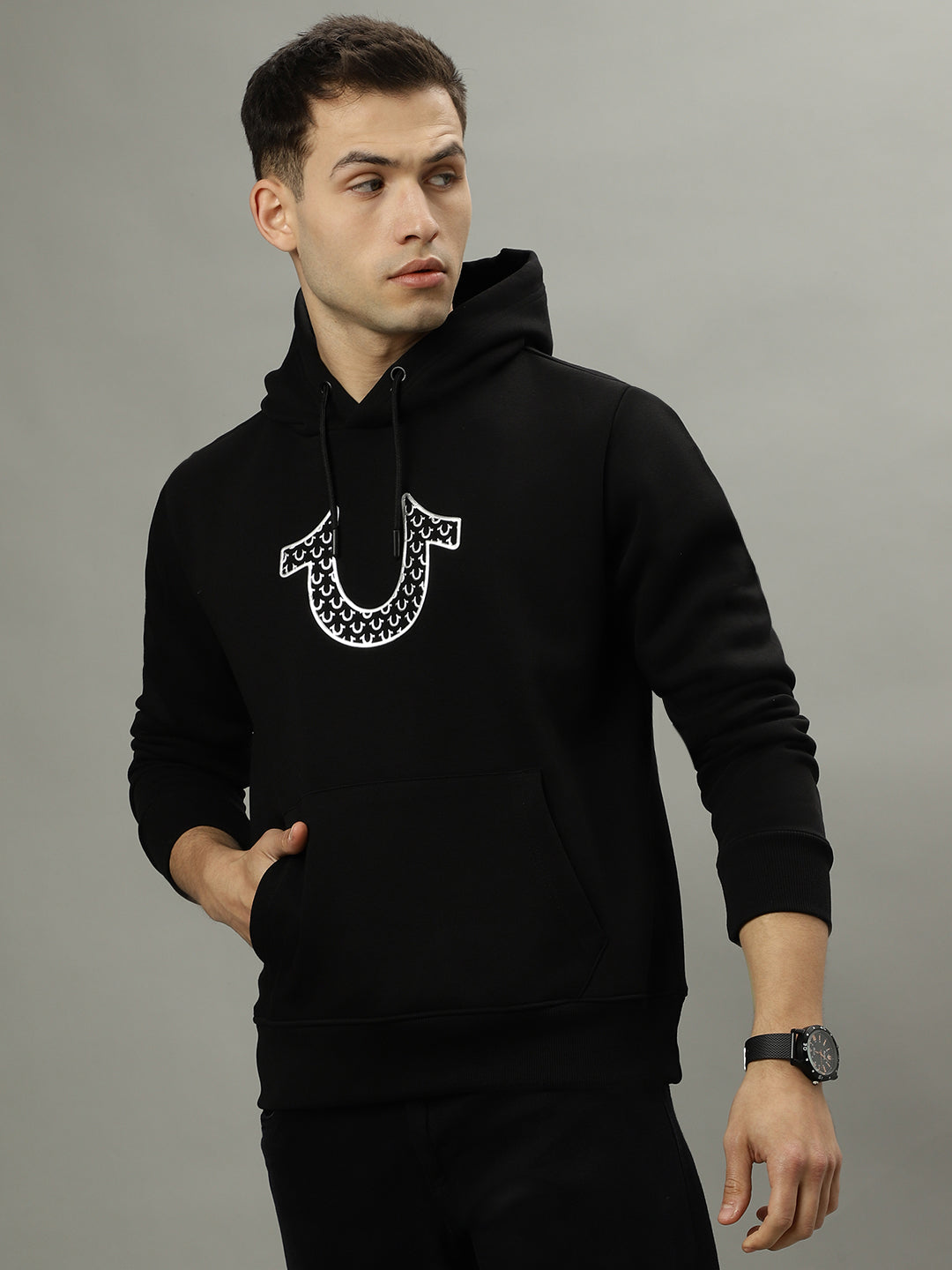 True Religion Men Black Solid Hooded Long Sleeves Sweatshirts