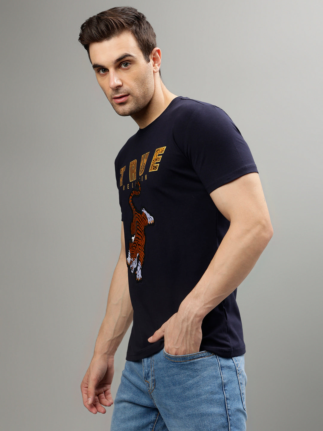 Printed Tshirt Navy Blue True Religion Shirt True Religion Metalic