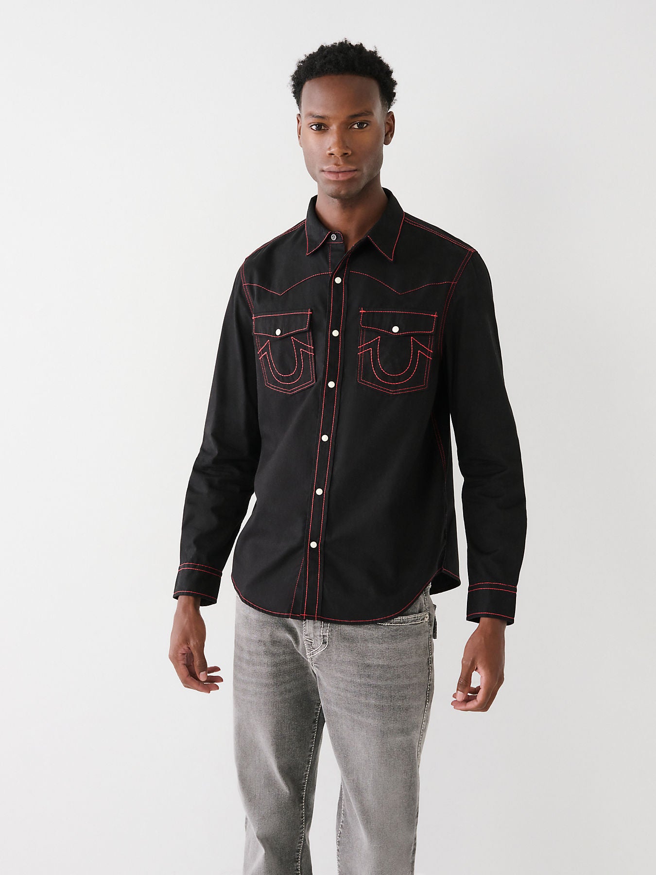 True Religion Men Black Solid Spread Collar Long Sleeves Shirt