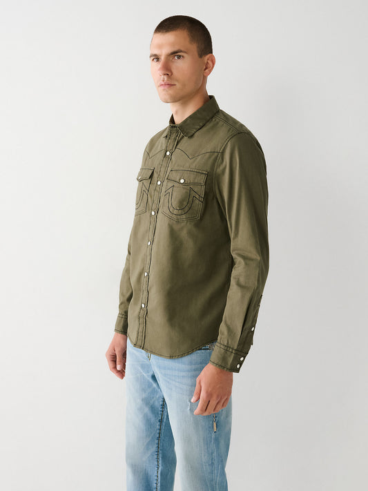 True Religion Men Green Solid Spread Collar Long Sleeves Shirt