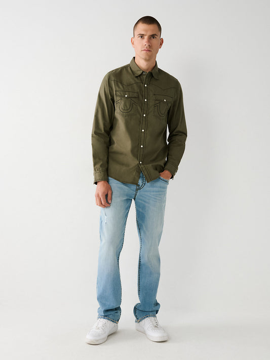 True Religion Men Green Solid Spread Collar Long Sleeves Shirt