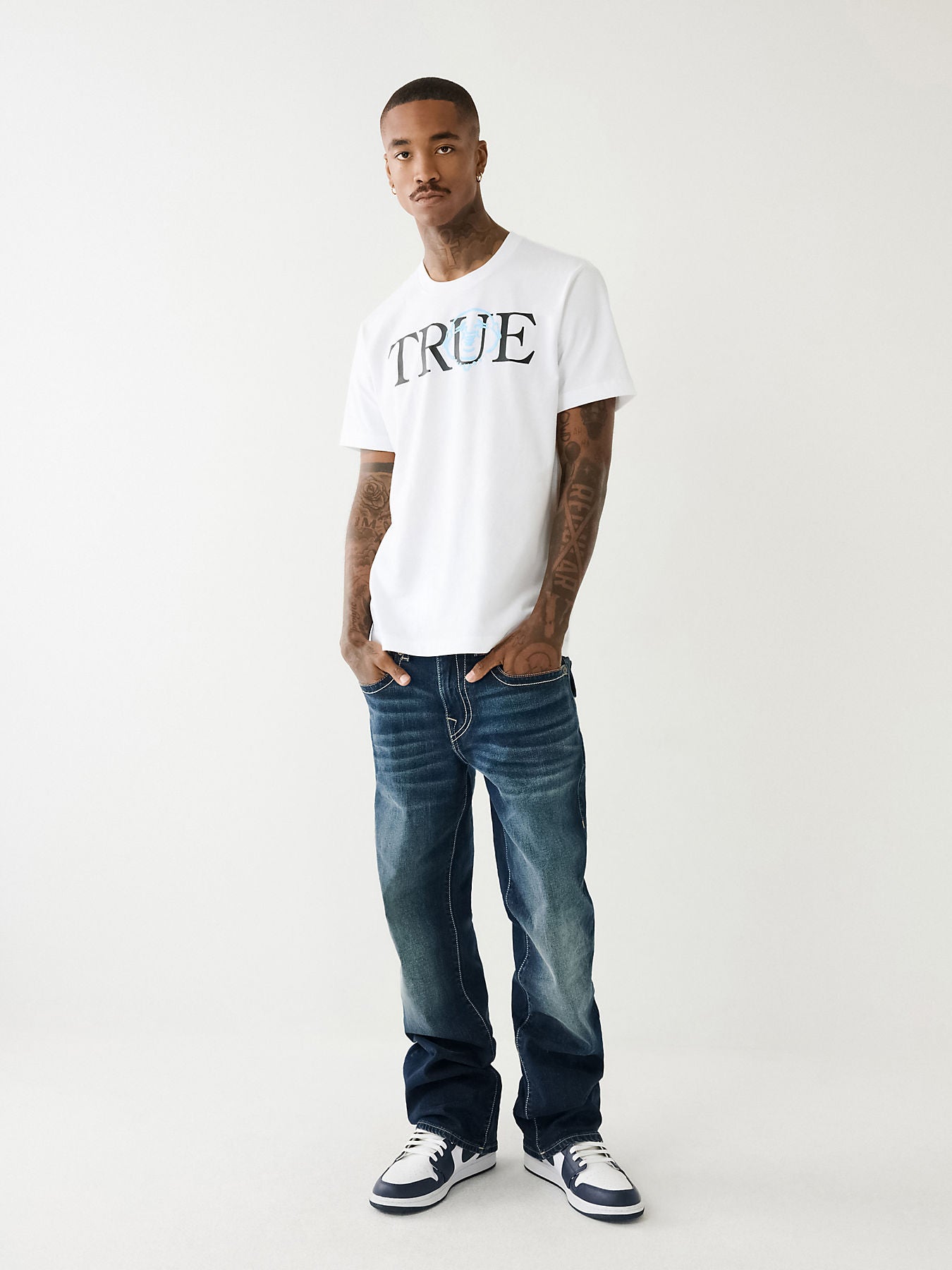True Religion Men Blue Billy Flap Bootcut Faded Jeans