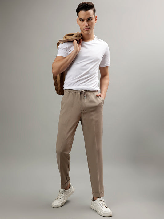 Lindbergh Men Beige Solid Mid-Rise Regular Fit Regular Trouser