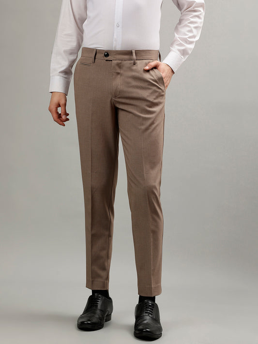 Lindbergh Men Beige Solid Mid-Rise Slim Fit Formal Trouser