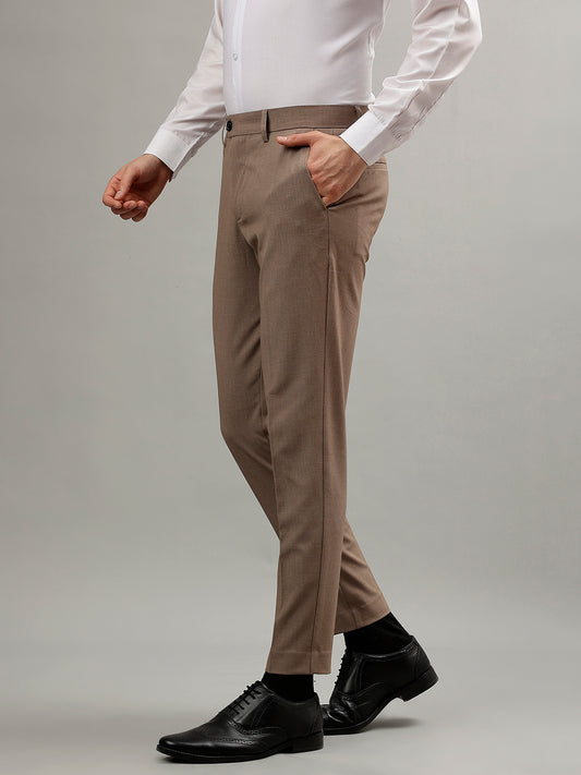Lindbergh Men Beige Solid Mid-Rise Slim Fit Formal Trouser