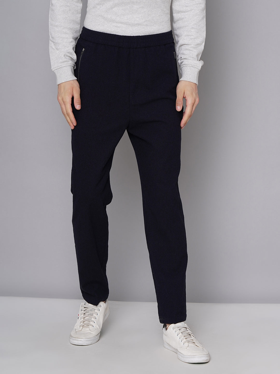 Lindbergh Men Navy Blue Solid Mid-rise Regular Fit Trouser