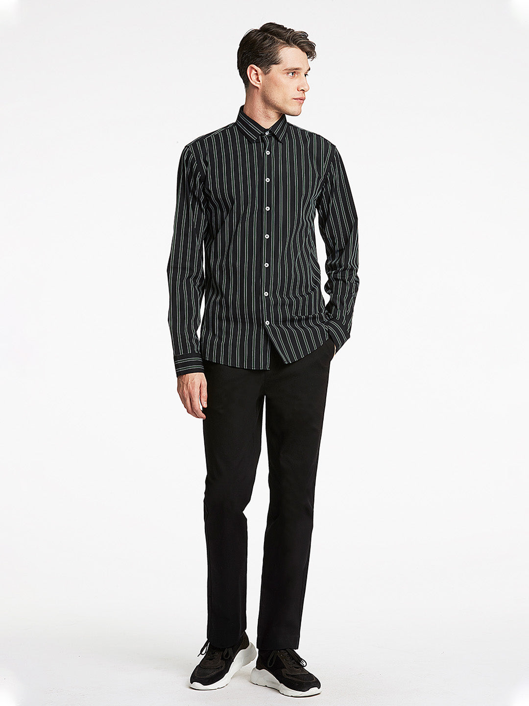 Lindbergh Men Black Striped Collar Shirt