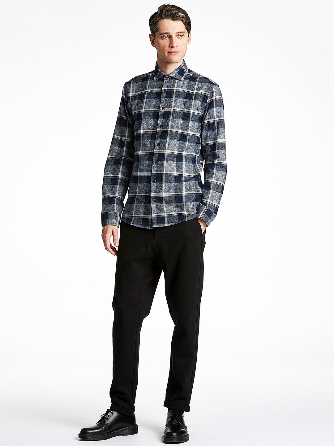Lindbergh Navy Blue Checked Slim Fit Shirt