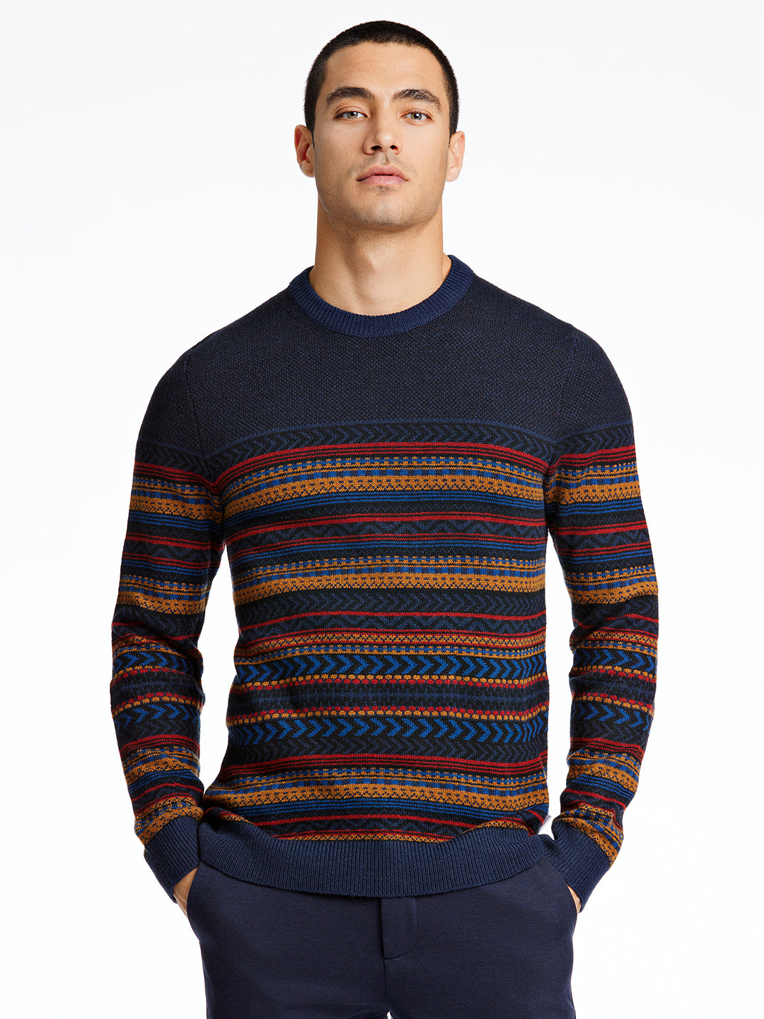 Lindbergh Men Navy Blue Striped Sweater