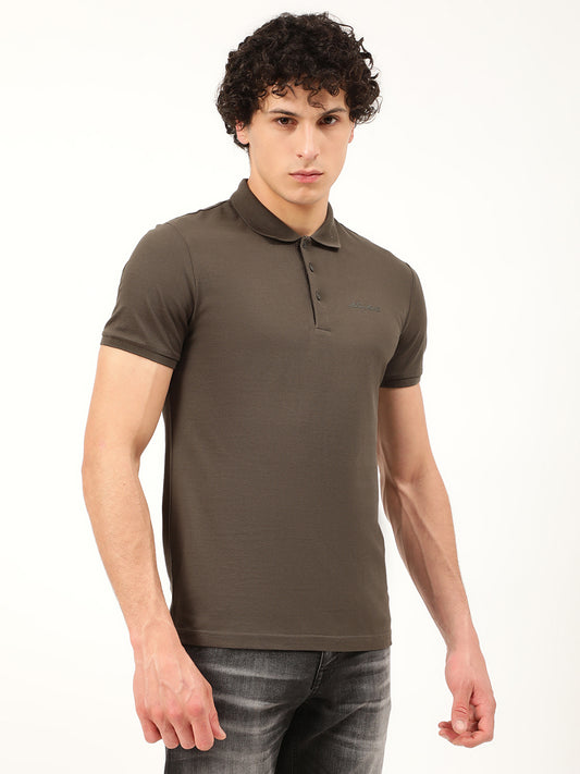 Antony Morato Men Olive Green Polo Collar Slim Fit T-shirt