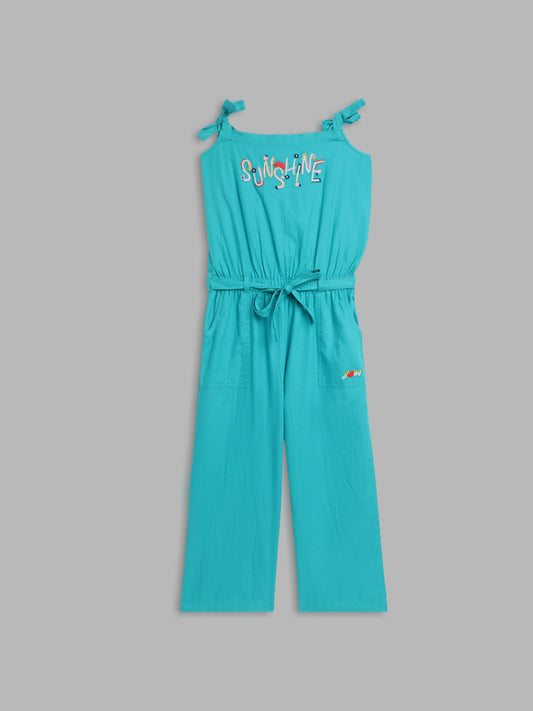 Blue Giraffe Girls Turquoise Blue Solid Square Neck Jumpsuit