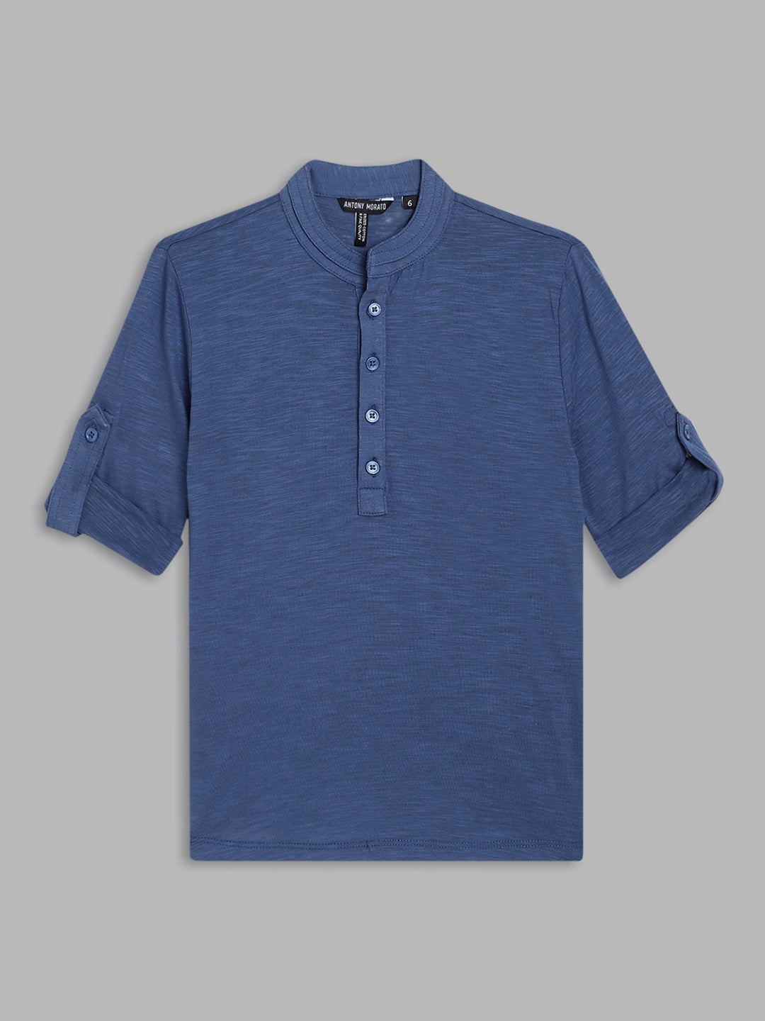 Antony Morato Boys Navy Blue Mandarin Collar Roll-Up Sleeves  Pure Cotton T-shirt