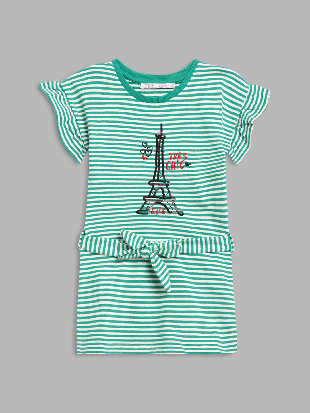 Elle Kids Girls Green Striped Round Neck Dress