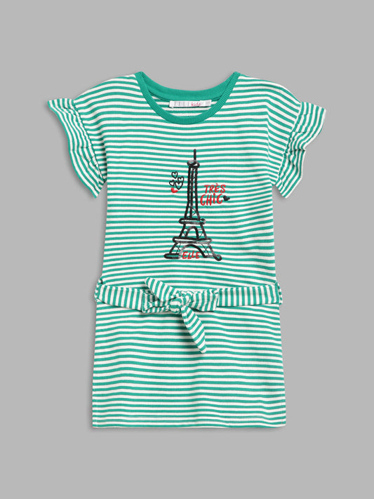 Elle Kids Girls Green Striped Round Neck Dress