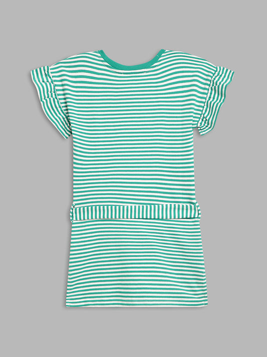 Elle Kids Girls Green Striped Round Neck Dress