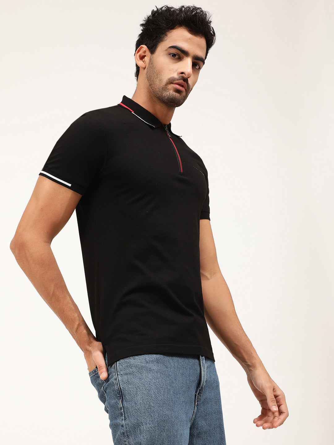Antony Morato Men Black Cotton Solid Polo Collar Slim Fit T-shirt